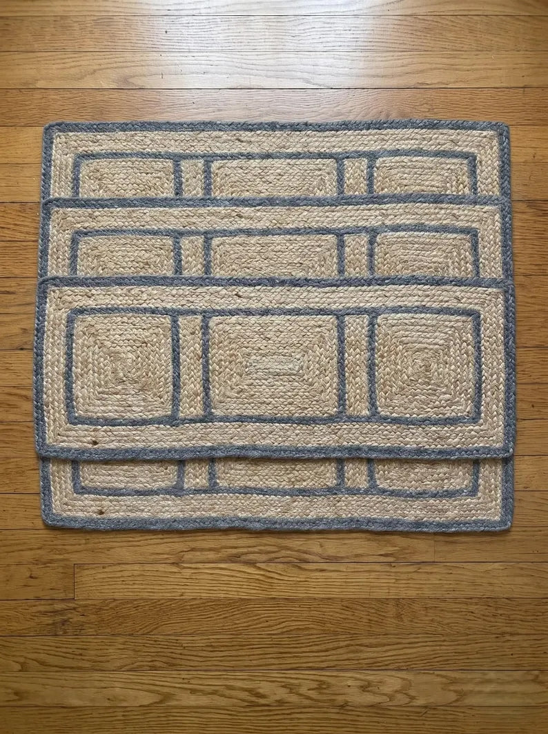 Hand Braided Jute Stair Treads with Dusty Blue Border, Farmhouse Decor
