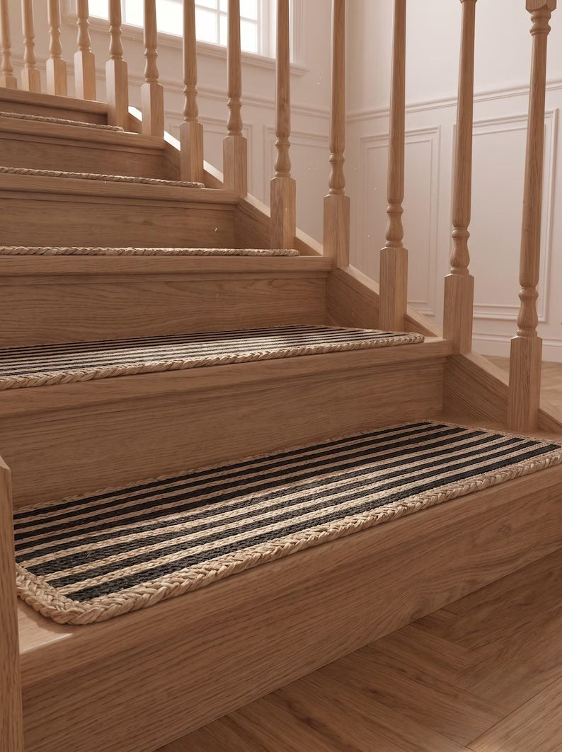 Handmade Black & Natural Braided Jute Stair Treads Set