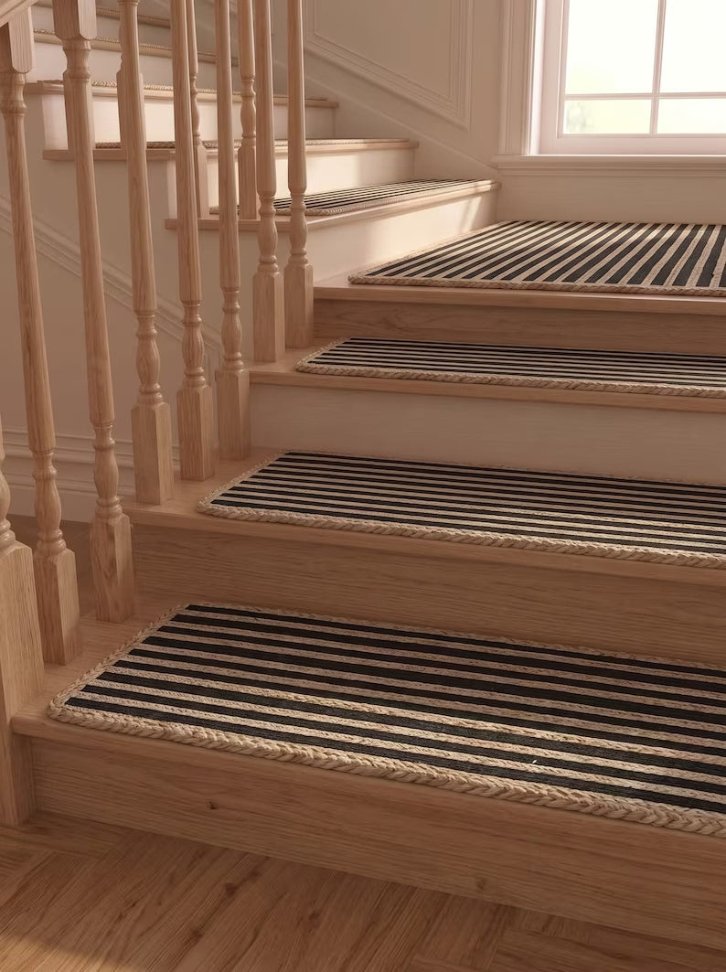 Handmade Black & Natural Braided Jute Stair Treads Set