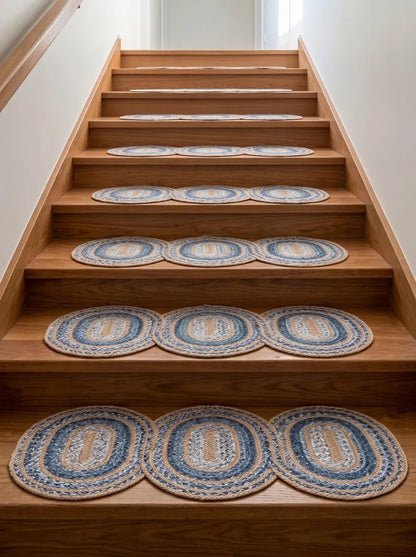 Hand-Braided Powder Blue Oval Jute Seaside Decor Stair Set