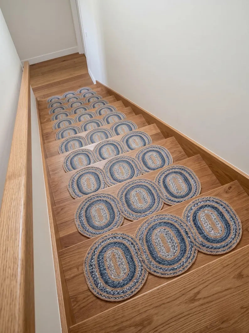 Hand-Braided Powder Blue Oval Jute Seaside Decor Stair Set
