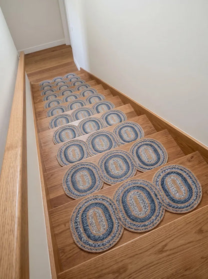 Hand-Braided Powder Blue Oval Jute Seaside Decor Stair Set