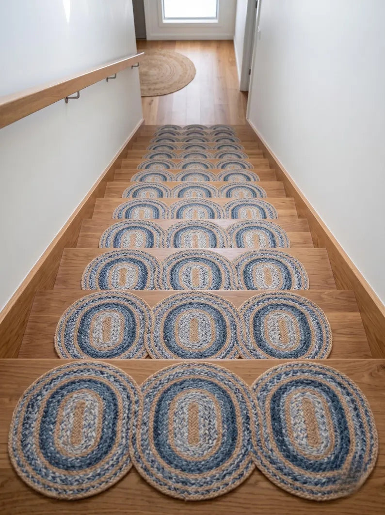Hand-Braided Powder Blue Oval Jute Seaside Decor Stair Set