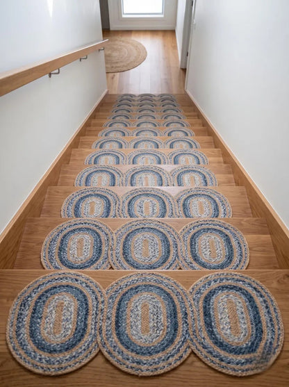 Hand-Braided Powder Blue Oval Jute Seaside Decor Stair Set