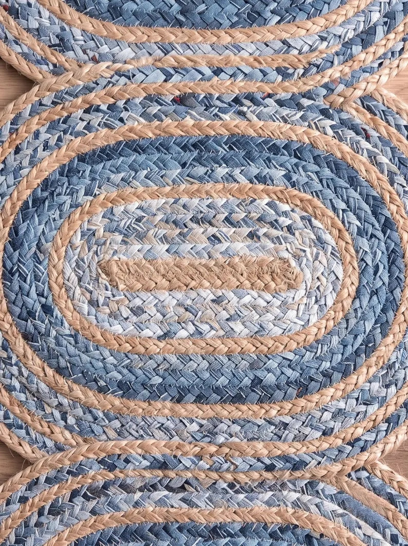 Hand-Braided Powder Blue Oval Jute Seaside Decor Stair Set