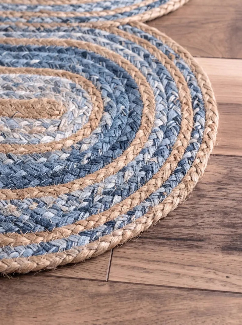 Hand-Braided Powder Blue Oval Jute Seaside Decor Stair Set