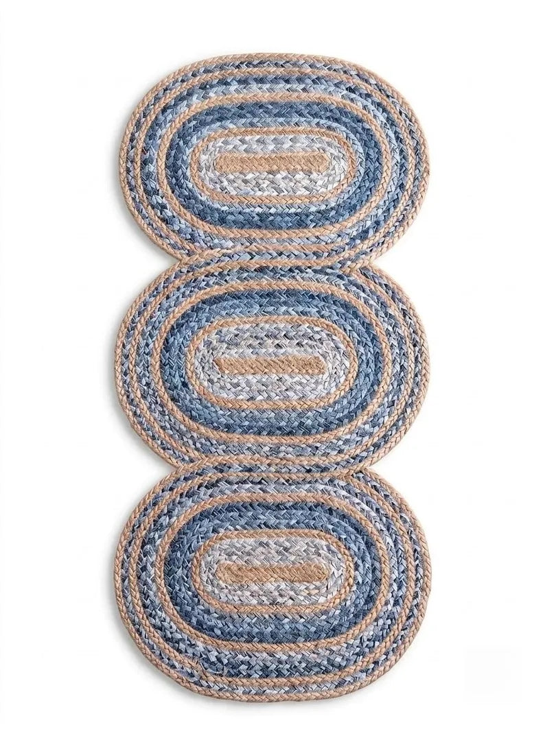Hand-Braided Powder Blue Oval Jute Seaside Decor Stair Set