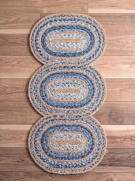 Hand-Braided Powder Blue Oval Jute Seaside Decor Stair Set