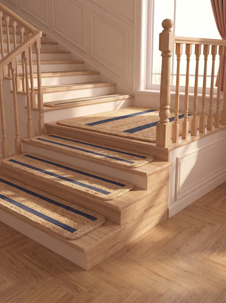 Handwoven Preppy New England Oxford Blue Striped Jute Stair Treads Set