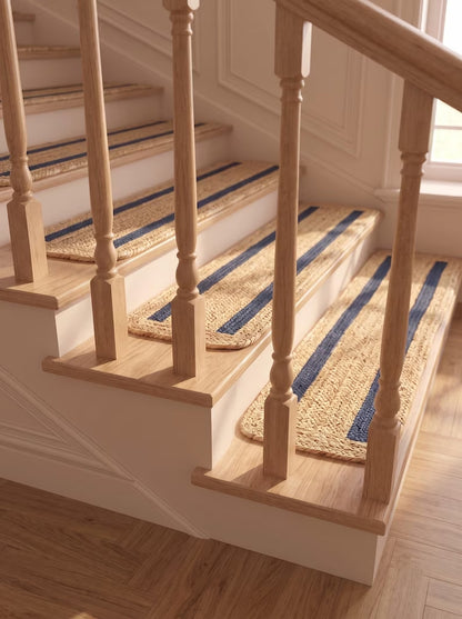 Handwoven Preppy New England Oxford Blue Striped Jute Stair Treads Set