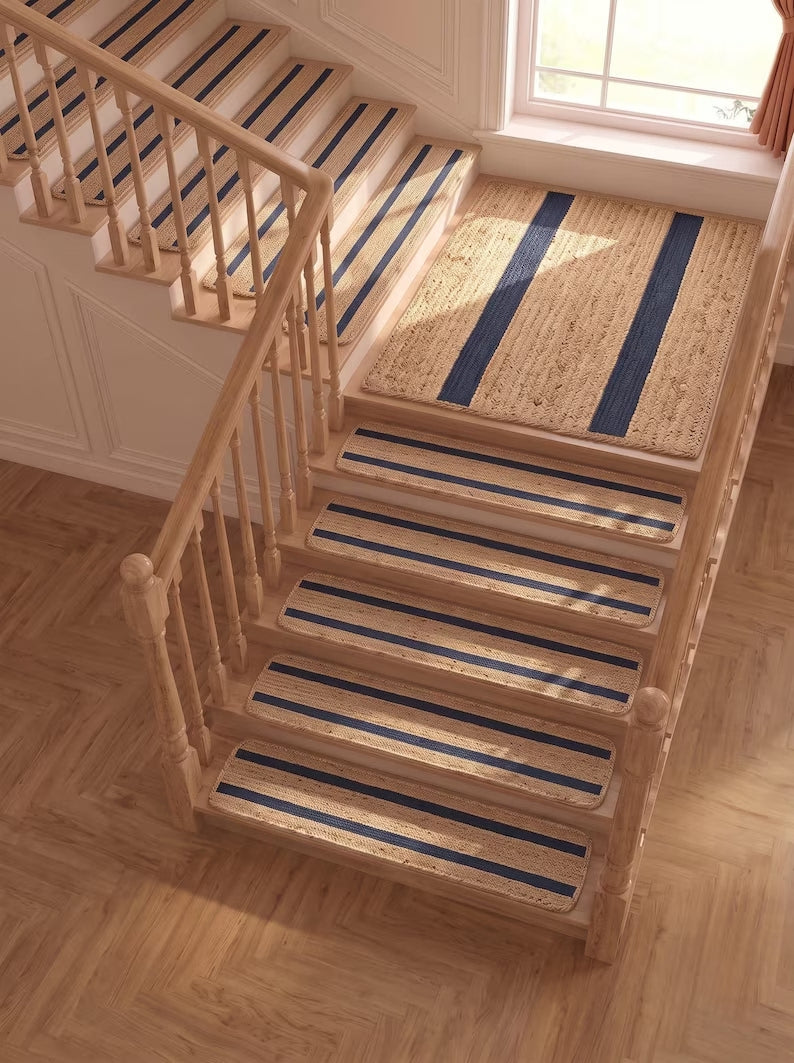 Handwoven Preppy New England Oxford Blue Striped Jute Stair Treads Set
