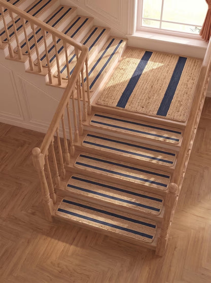Handwoven Preppy New England Oxford Blue Striped Jute Stair Treads Set