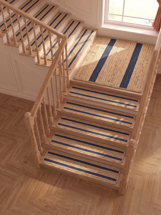Handwoven Preppy New England Oxford Blue Striped Jute Stair Treads Set