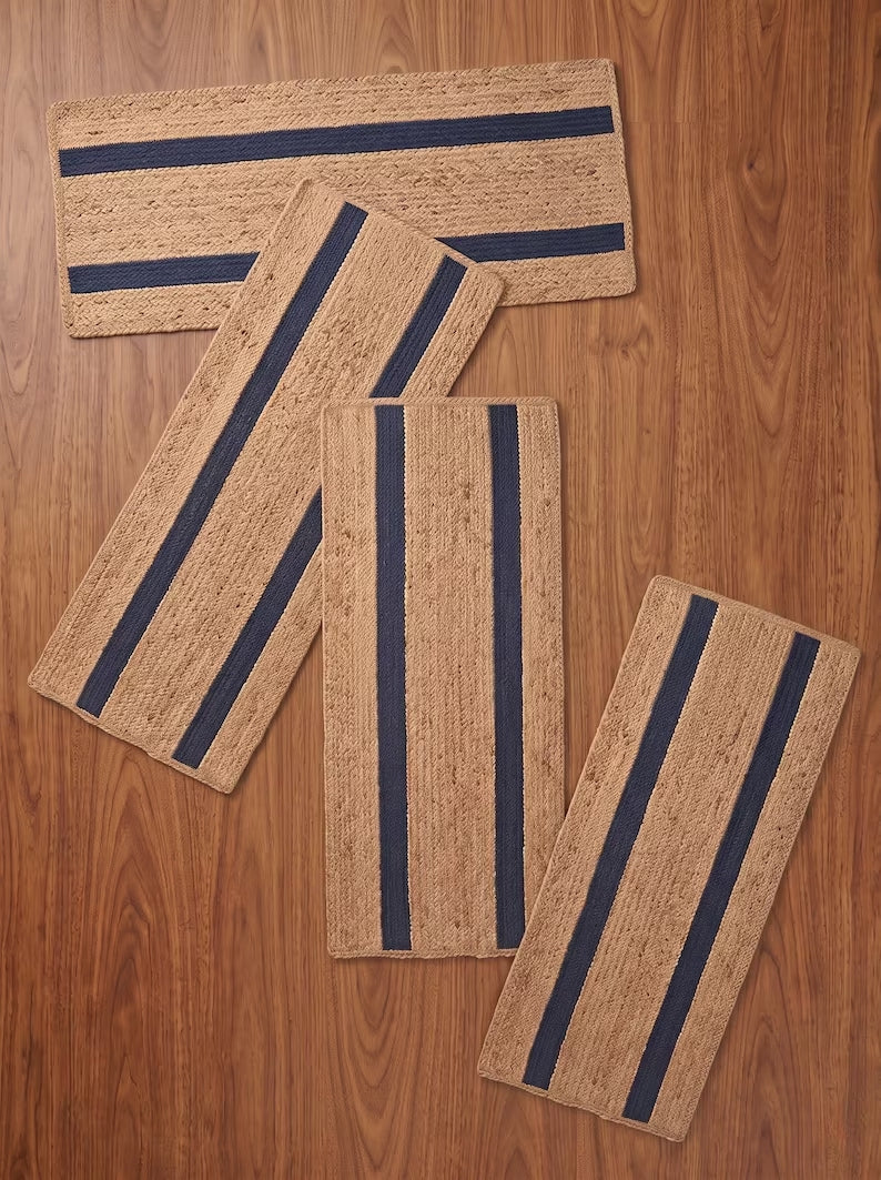 Handwoven Preppy New England Oxford Blue Striped Jute Stair Treads Set