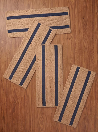 Handwoven Preppy New England Oxford Blue Striped Jute Stair Treads Set