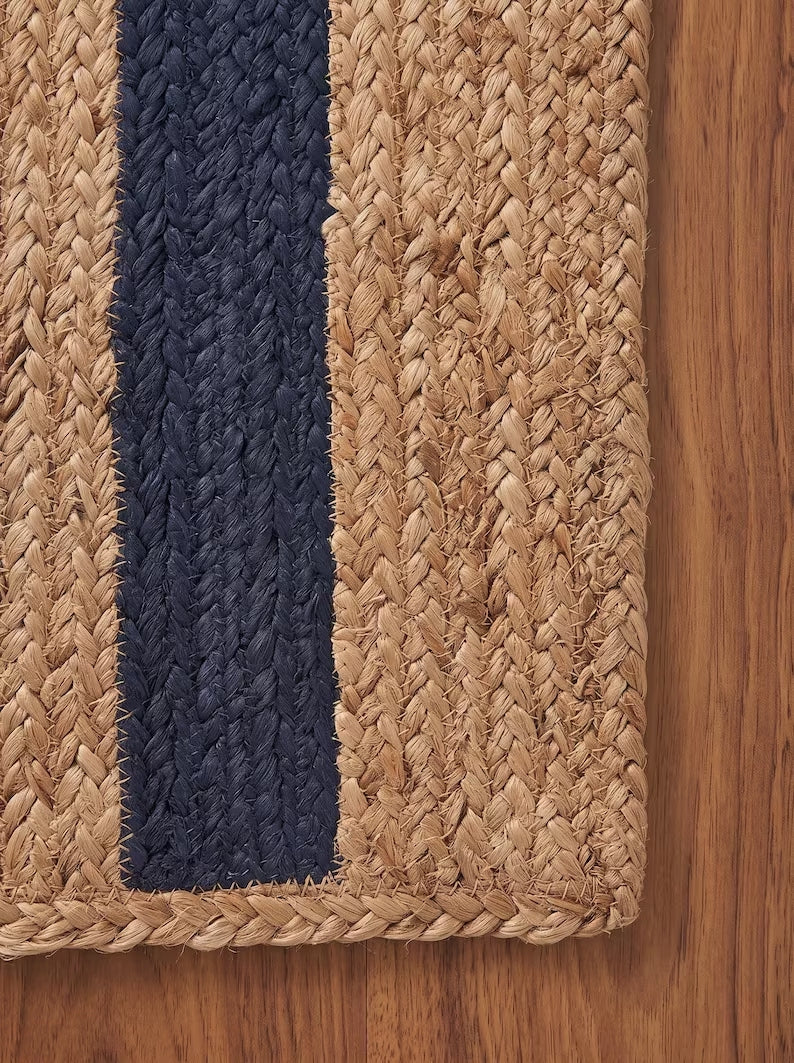 Handwoven Preppy New England Oxford Blue Striped Jute Stair Treads Set