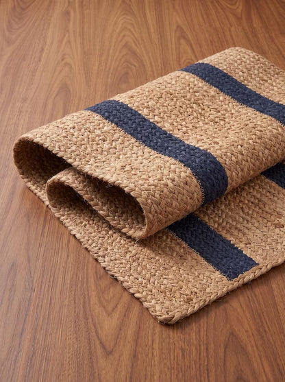 Handwoven Preppy New England Oxford Blue Striped Jute Stair Treads Set