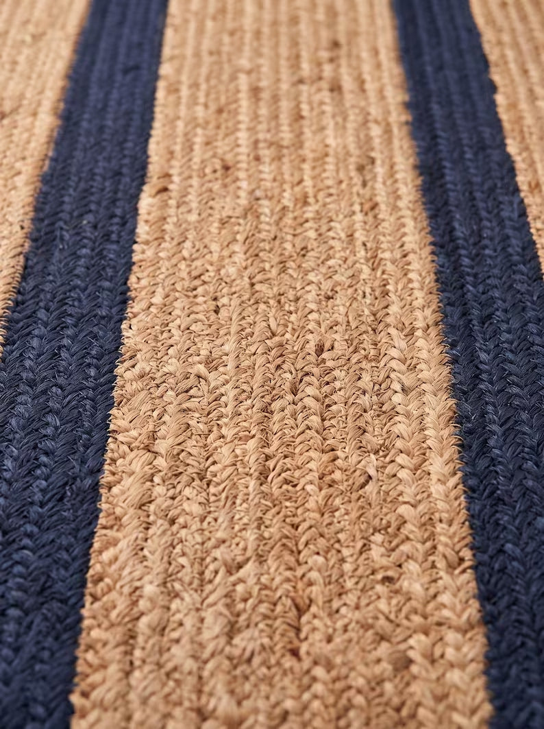 Handwoven Preppy New England Oxford Blue Striped Jute Stair Treads Set