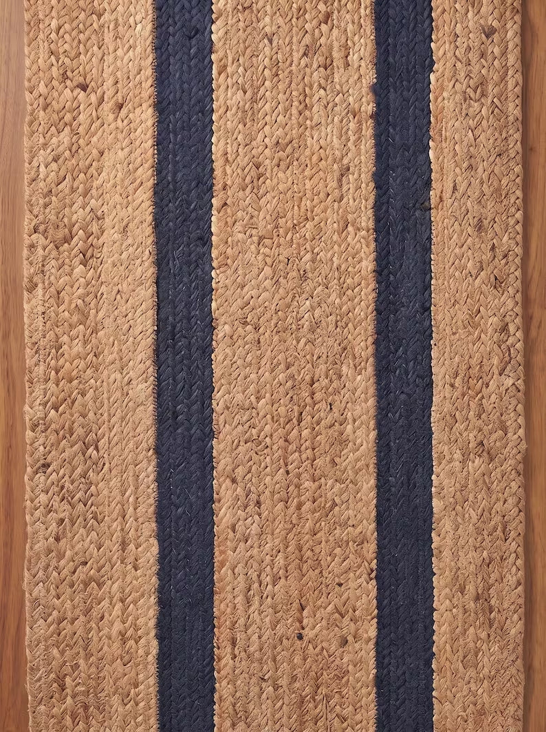 Handwoven Preppy New England Oxford Blue Striped Jute Stair Treads Set
