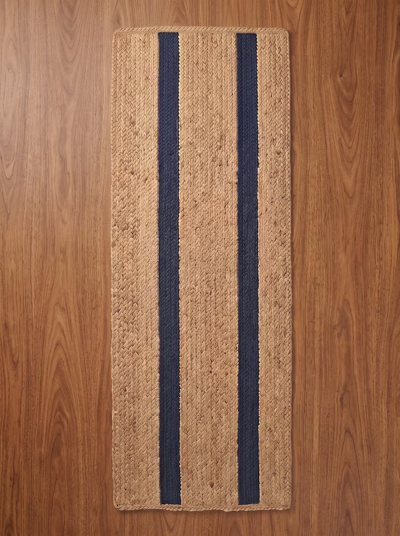 Handwoven Preppy New England Oxford Blue Striped Jute Stair Treads Set