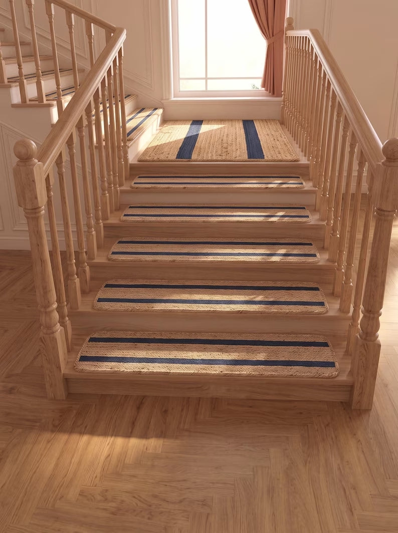 Handwoven Preppy New England Oxford Blue Striped Jute Stair Treads Set