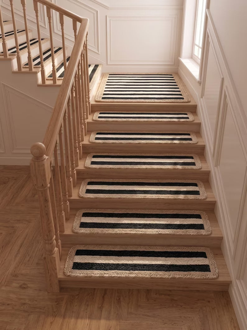 Handmade Jute Stair Treads, Black Stripe Braided Step Mats (Set)