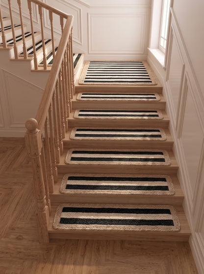 Handmade Jute Stair Treads, Black Stripe Braided Step Mats (Set)