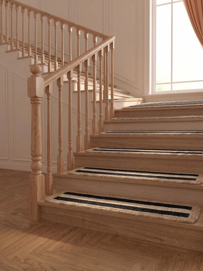 Handmade Jute Stair Treads, Black Stripe Braided Step Mats (Set)