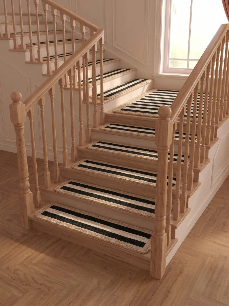 Handmade Jute Stair Treads, Black Stripe Braided Step Mats (Set)