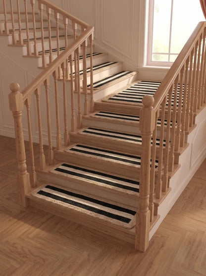 Handmade Jute Stair Treads, Black Stripe Braided Step Mats (Set)