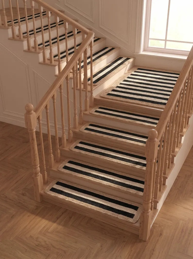 Handmade Jute Stair Treads, Black Stripe Braided Step Mats (Set)