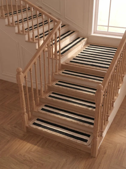 Handmade Jute Stair Treads, Black Stripe Braided Step Mats (Set)