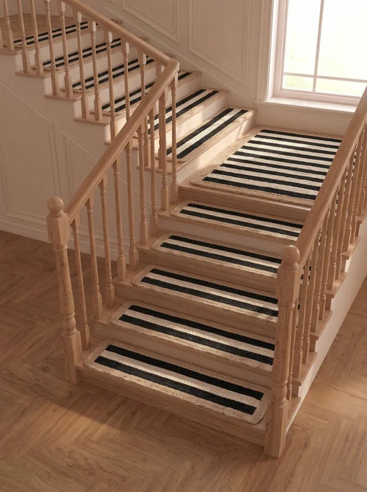 Handmade Jute Stair Treads, Black Stripe Braided Step Mats (Set)
