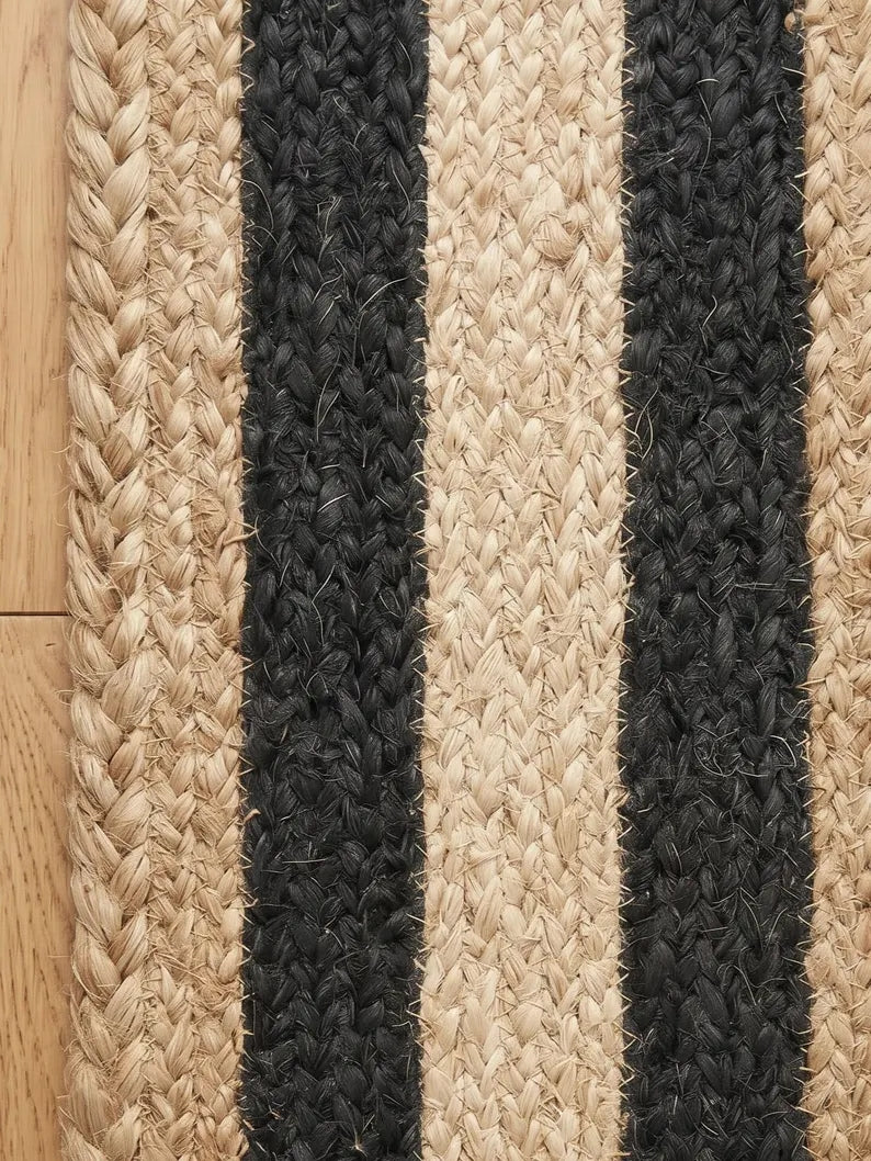 Handmade Jute Stair Treads, Black Stripe Braided Step Mats (Set)