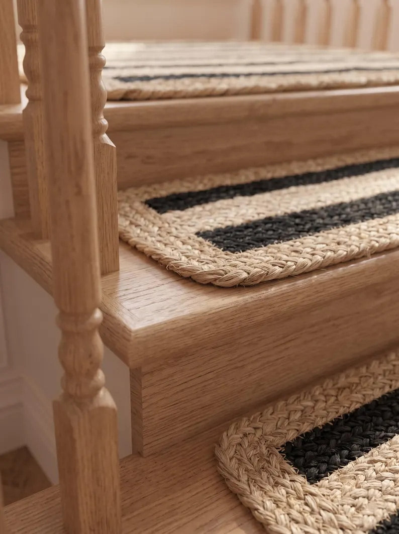 Handmade Jute Stair Treads, Black Stripe Braided Step Mats (Set)