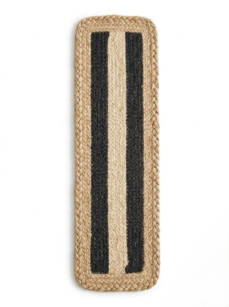 Handmade Jute Stair Treads, Black Stripe Braided Step Mats (Set)