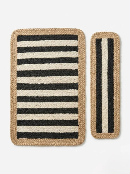 Handmade Jute Stair Treads, Black Stripe Braided Step Mats (Set)