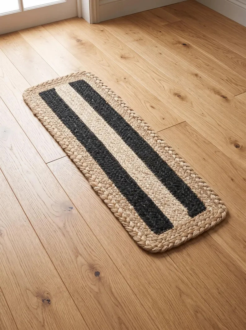 Handmade Jute Stair Treads, Black Stripe Braided Step Mats (Set)