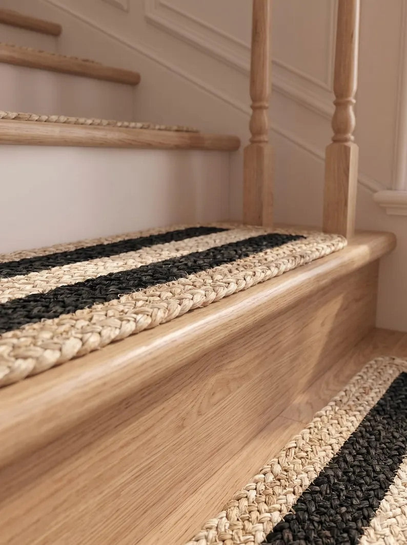 Handmade Jute Stair Treads, Black Stripe Braided Step Mats (Set)