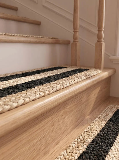 Handmade Jute Stair Treads, Black Stripe Braided Step Mats (Set)