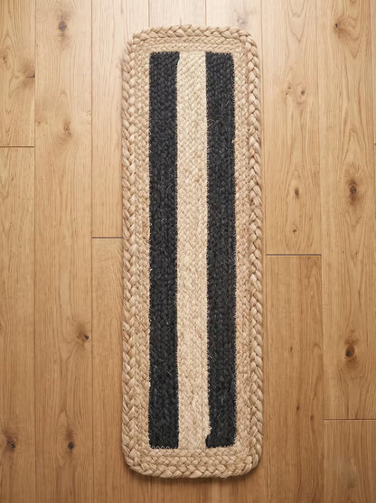 Handmade Jute Stair Treads, Black Stripe Braided Step Mats (Set)