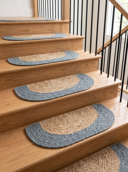 Handmade Jute Half Moon Stair Treads Set – D Shape Smoke Blue Border