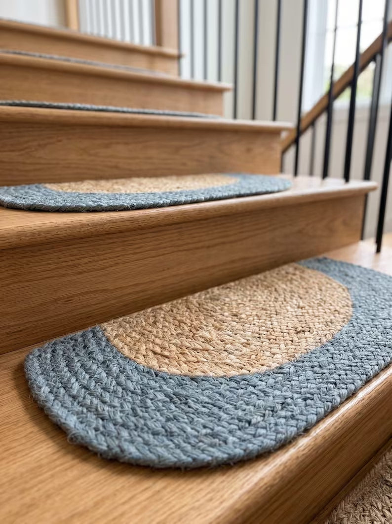 Handmade Jute Half Moon Stair Treads Set – D Shape Smoke Blue Border