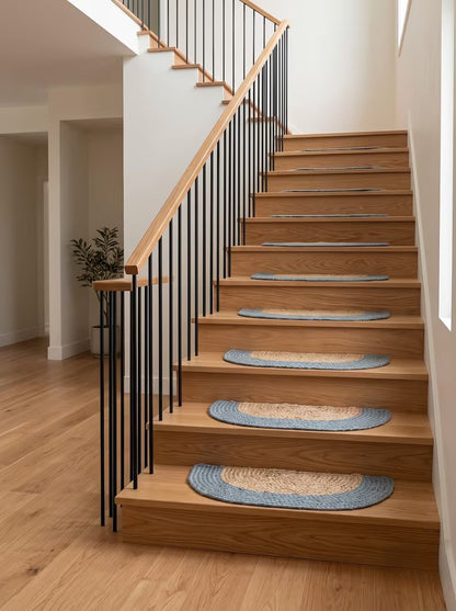 Handmade Jute Half Moon Stair Treads Set – D Shape Smoke Blue Border