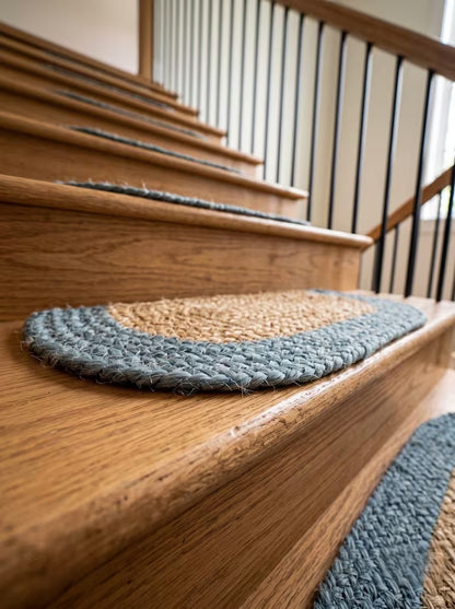 Handmade Jute Half Moon Stair Treads Set – D Shape Smoke Blue Border