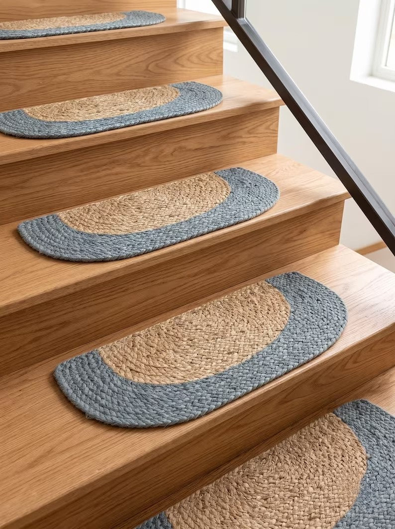 Handmade Jute Half Moon Stair Treads Set – D Shape Smoke Blue Border