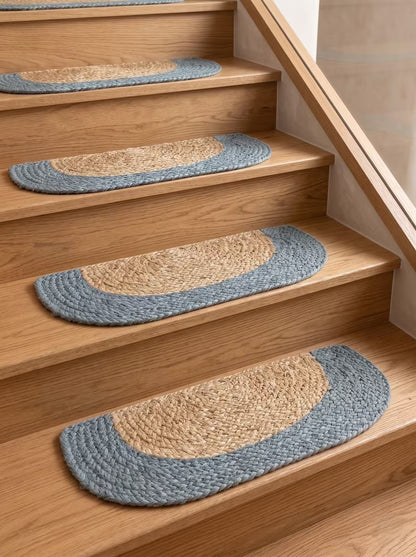 Handmade Jute Half Moon Stair Treads Set – D Shape Smoke Blue Border