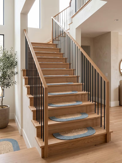 Handmade Jute Half Moon Stair Treads Set – D Shape Smoke Blue Border