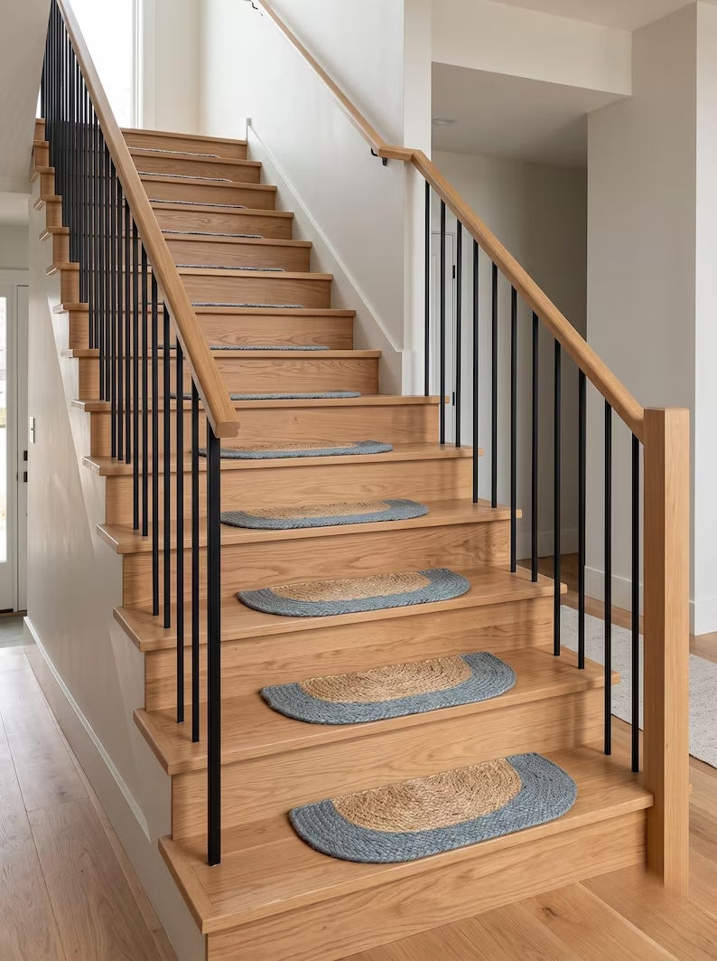Handmade Jute Half Moon Stair Treads Set – D Shape Smoke Blue Border