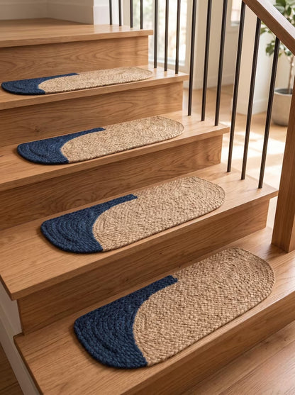 Handmade Pill Shape Jute Stair Treads Crescent Design Modern Farmhouse (Set)